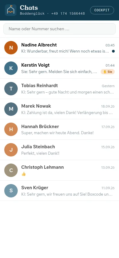 Cockpit auf dem Handy: Liste der WhatsApp-Chats mit Gästen, jeder Chat zum Mitlesen und Übernehmen