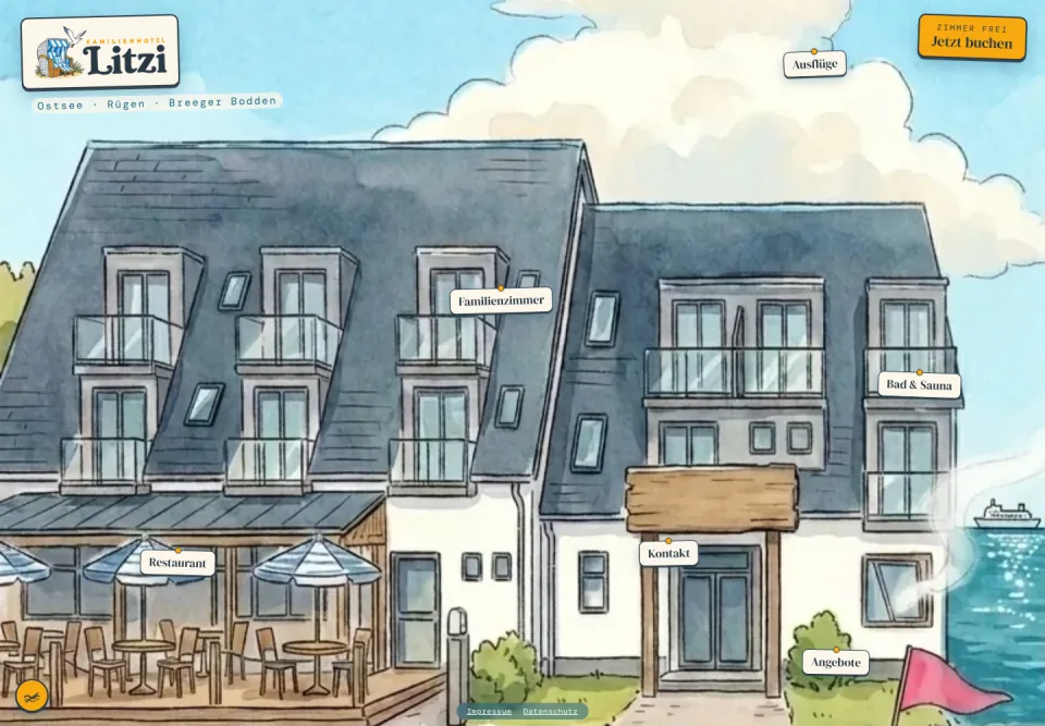Startseite des Familienhotels Litzi: ein begehbares Aquarell mit Möwe