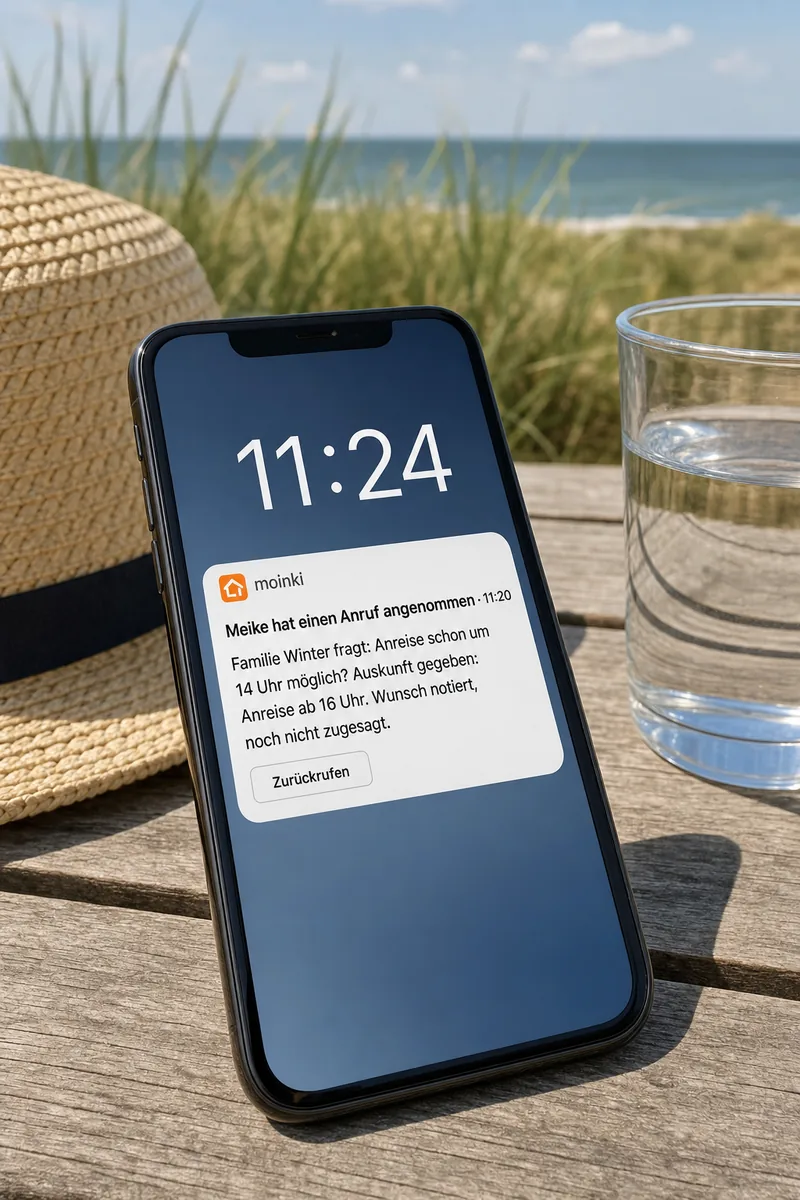 Handy auf einem Gartentisch am Meer: Mitteilung von moinki, dass Meike einen Anruf angenommen und einen Wunsch notiert hat