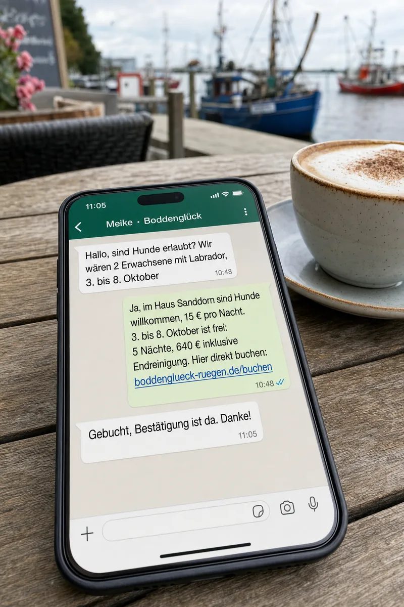 WhatsApp-Chat: Anfrage mit Hund für Oktober, die KI nennt Preis und Buchungslink, der Gast bucht direkt