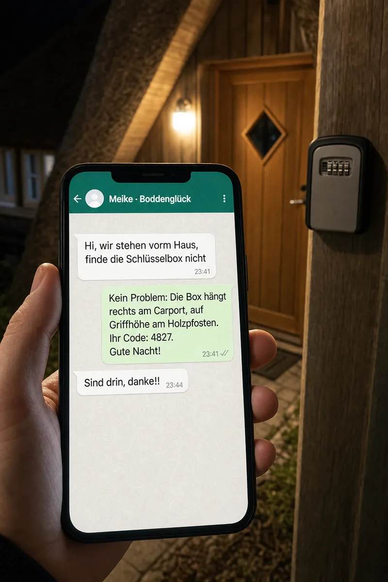 WhatsApp-Chat nachts vor der Haustür: Gast findet die Schlüsselbox nicht, die KI nennt Ort und Code