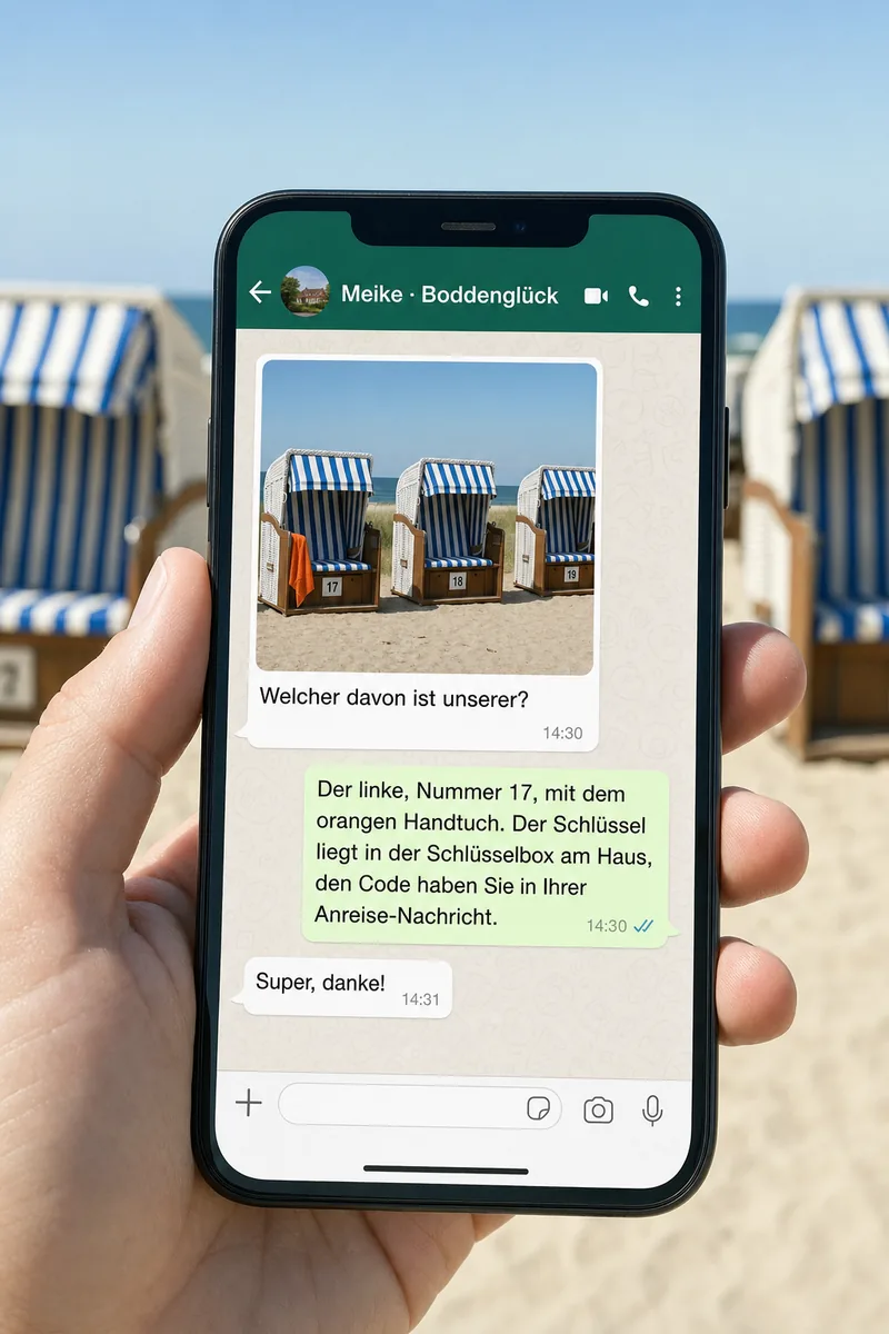 WhatsApp-Chat am Strand: Gast schickt ein Foto von Strandkörben und fragt, welcher seiner ist, die KI antwortet