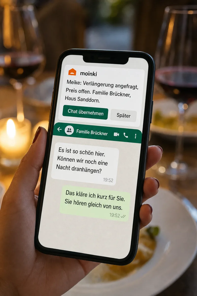Ihr Handy beim Abendessen: Hinweis von moinki, dass ein Gast verlängern möchte, mit dem Knopf Chat übernehmen