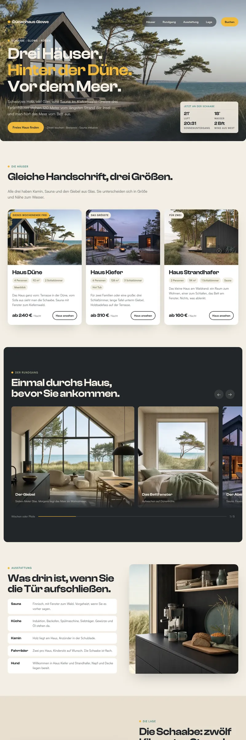 Website-Beispiel: drei Ferienhäuser hinter der Düne in Glowe