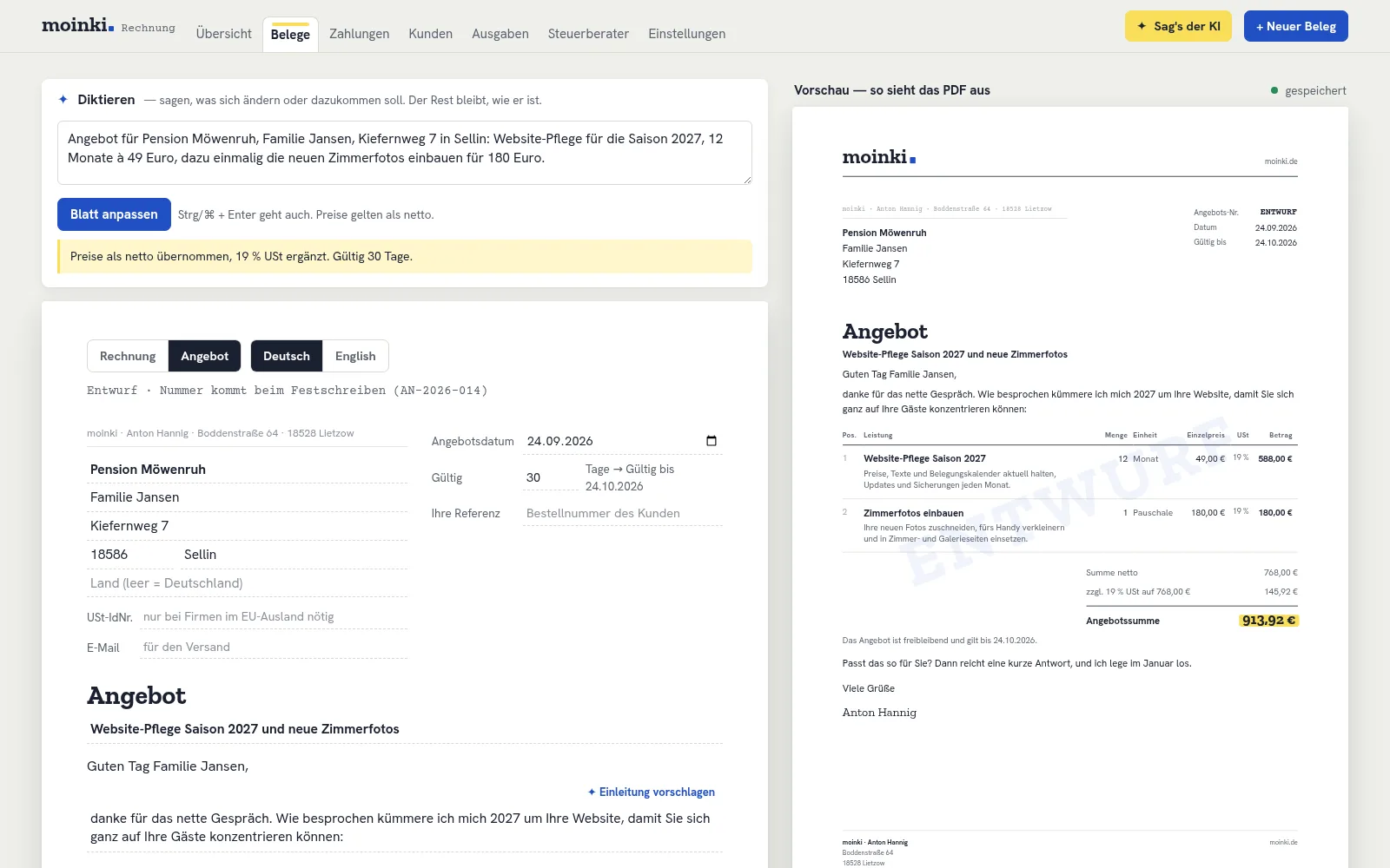 Rechnungstool: Ein diktierter Satz wird zum fertigen Angebot mit Positionen und Summe