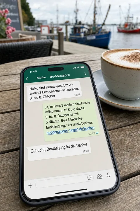 WhatsApp-Chat: Ein Gast fragt nach Hunden und freien Tagen, die KI-Assistentin antwortet und der Gast bucht
