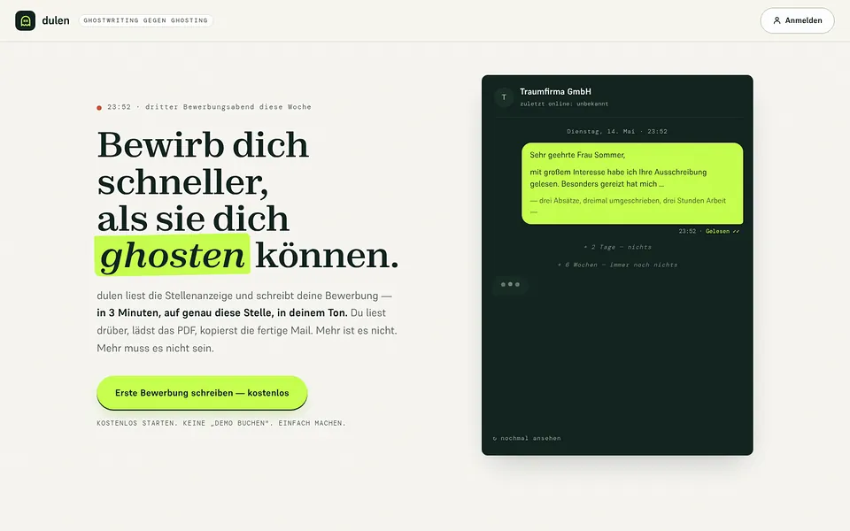 Startseite von dulen.de: Schreibt die passende Bewerbung in 3 Minuten