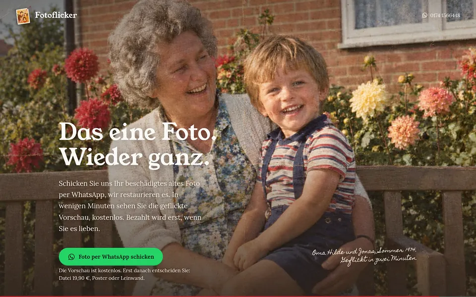 Startseite von fotoflicker.de: Restauriert alte Familienfotos per KI
