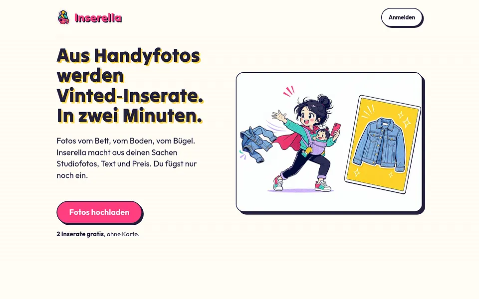Startseite von inserella.de: Macht aus Handyfotos fertige Vinted-Inserate