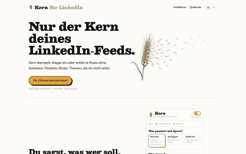 Startseite von Kern: Befreit den LinkedIn-Feed von Floskeln