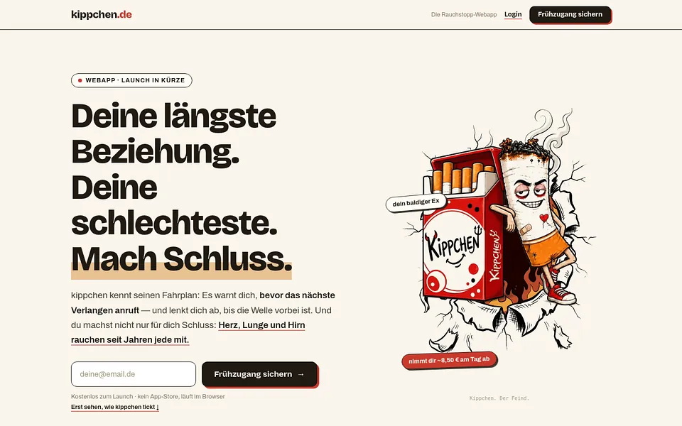 Startseite von kippchen.de: Begleitet beim Rauchstopp, mit KI