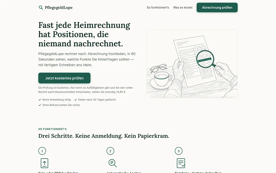 Startseite von pflegegeldlupe.de: Prüft Pflegeheim-Rechnungen in 60&nbsp;Sekunden