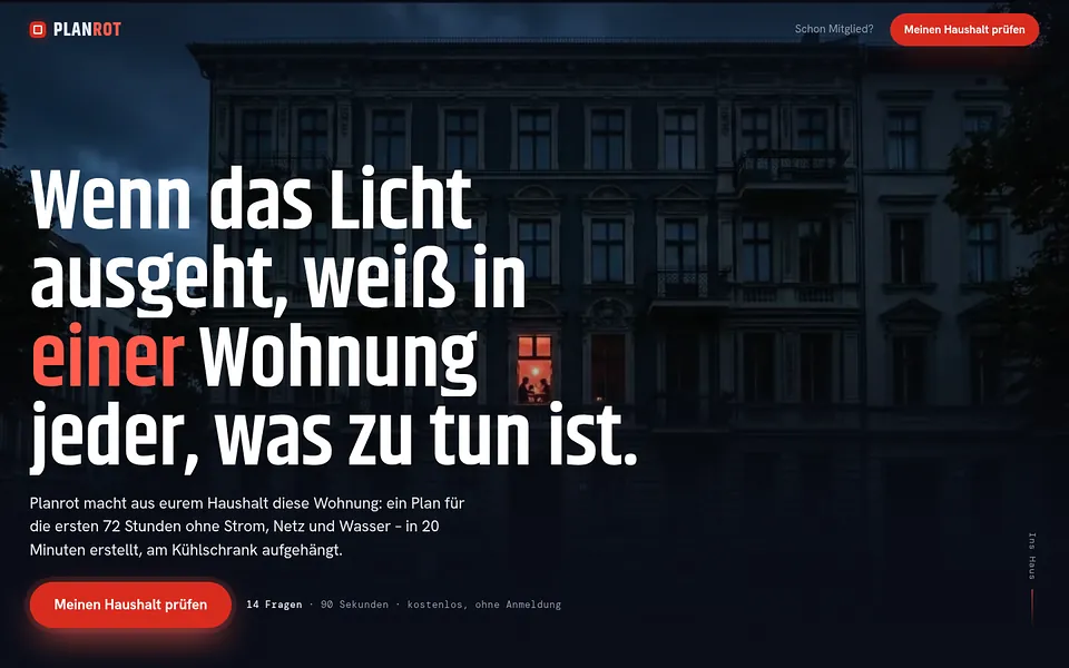 Startseite von planrot.de: Erstellt den Notfallplan für 72&nbsp;Stunden ohne Strom