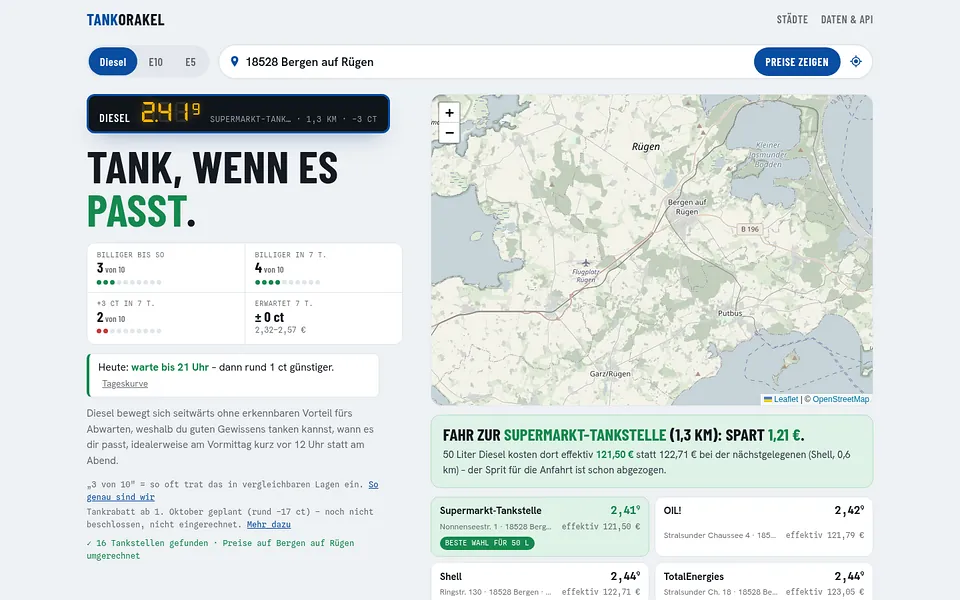 Startseite von tankorakel.de: Zeigt, wann und wo Tanken am günstigsten ist