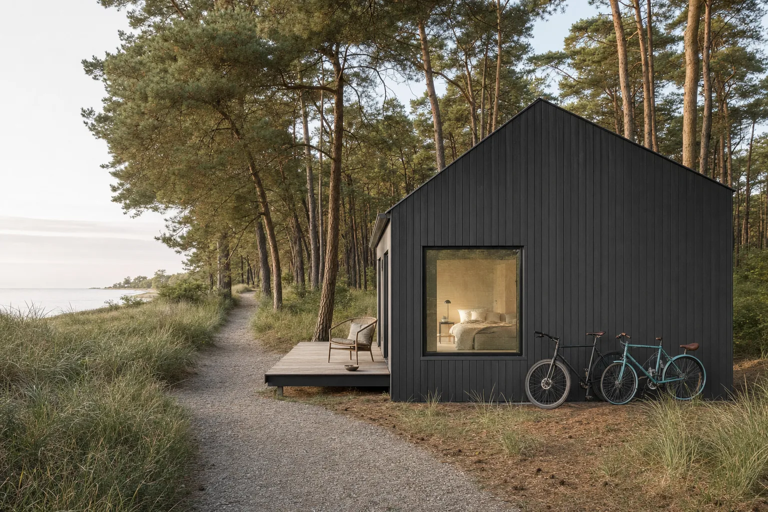 Kleines schwarzes Holzhaus am Kiefernwaldrand mit zwei Fahrrädern
