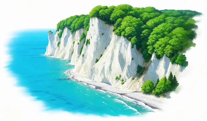 Gemalte Kreidefelsen am Königsstuhl über türkisblauem Wasser