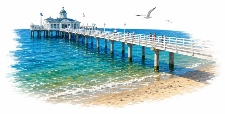 Gemalte Binzer Seebrücke mit weißem Pavillon am Ende