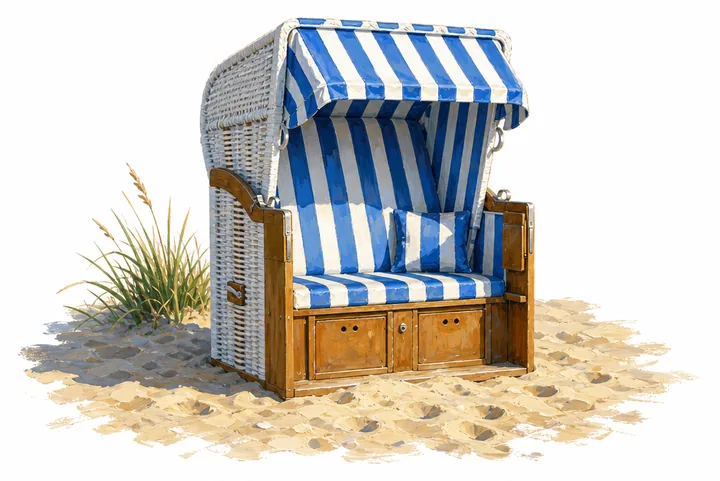 Gemalter Strandkorb mit blau-weißen Streifen im Sand