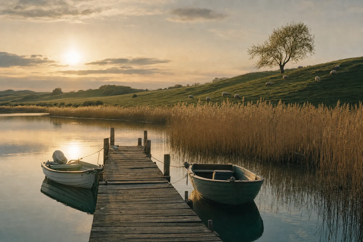 Holzsteg mit zwei Booten am Bodden im Abendlicht, Schafe auf der Weide