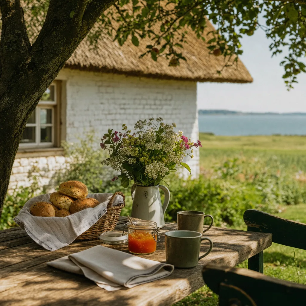 Frühstückstisch unter dem Apfelbaum mit Brötchenkorb und Sanddornmarmelade