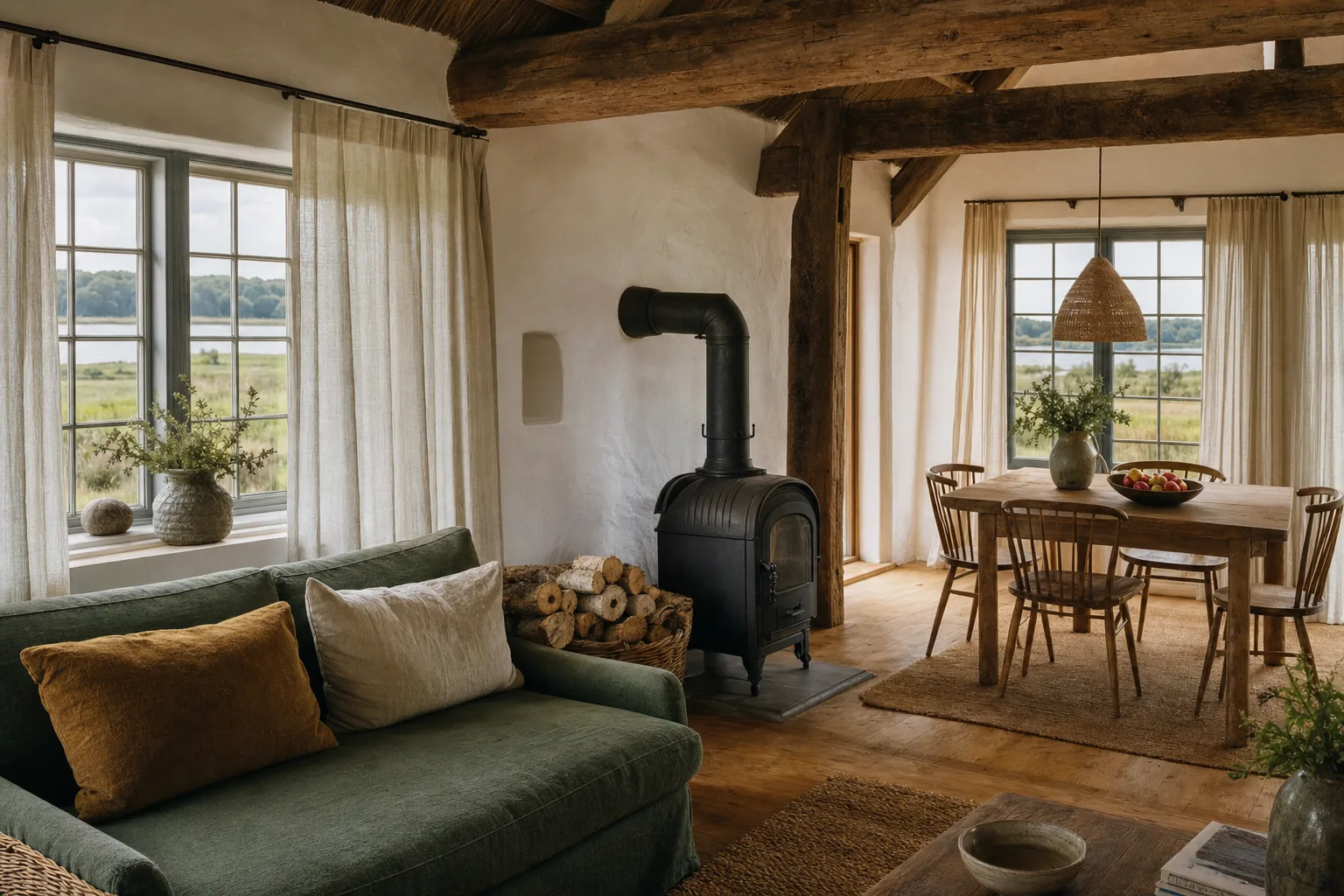 Wohnzimmer mit Holzbalken, Kaminofen und Blick auf den Bodden