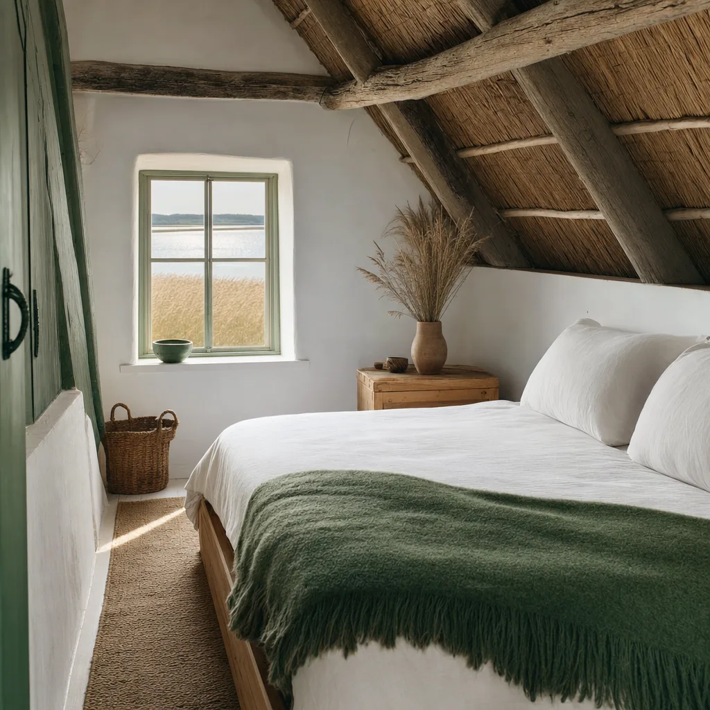 Schlafzimmer unter dem Reetdach mit Blick ins Schilf
