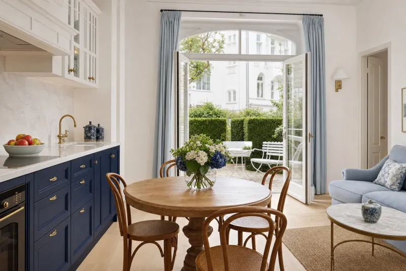 Wohnküche mit dunkelblauen Schränken und offener Tür zur Gartenterrasse