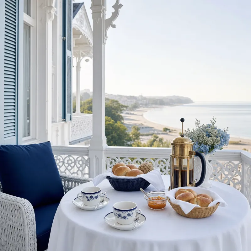 Gedeckter Frühstückstisch auf der weißen Holzloggia mit Blick aufs Meer