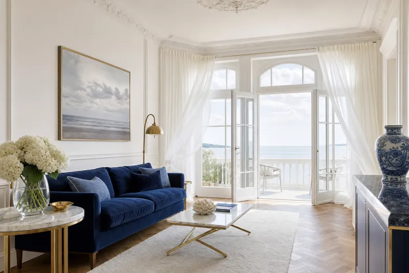 Salon mit Stuckdecke, blauem Samtsofa und offener Balkontür zum Meer