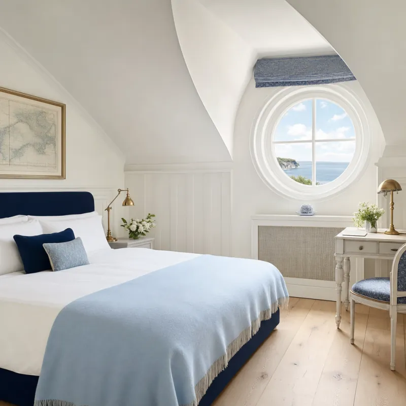 Schlafzimmer unter dem Dach mit rundem Fenster zum Meer